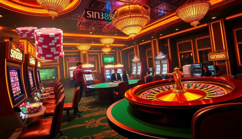 SIN88 online casino scene displaying vibrant poker chips and a lively roulette table.