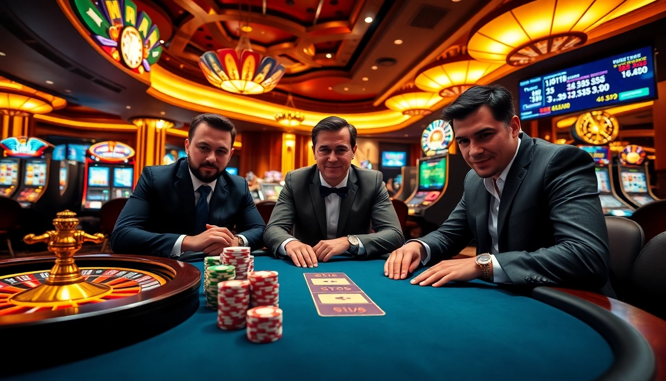 Exciting casino action at kjc.com with poker players, roulette wheel, and vibrant slot machines.