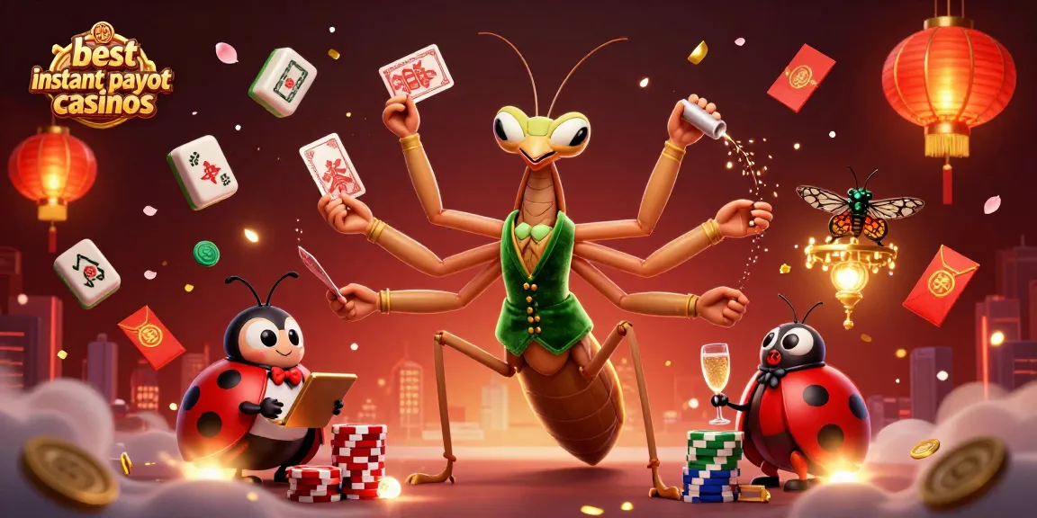 Experience the excitement of the best instant payout casinos as playful characters deal cards and celebrate winnings.