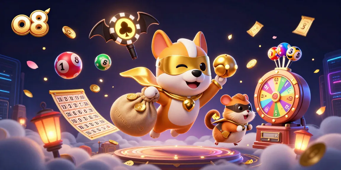 Engage with exciting games at o8 as a superhero dog flies amidst colorful lottery and casino elements.