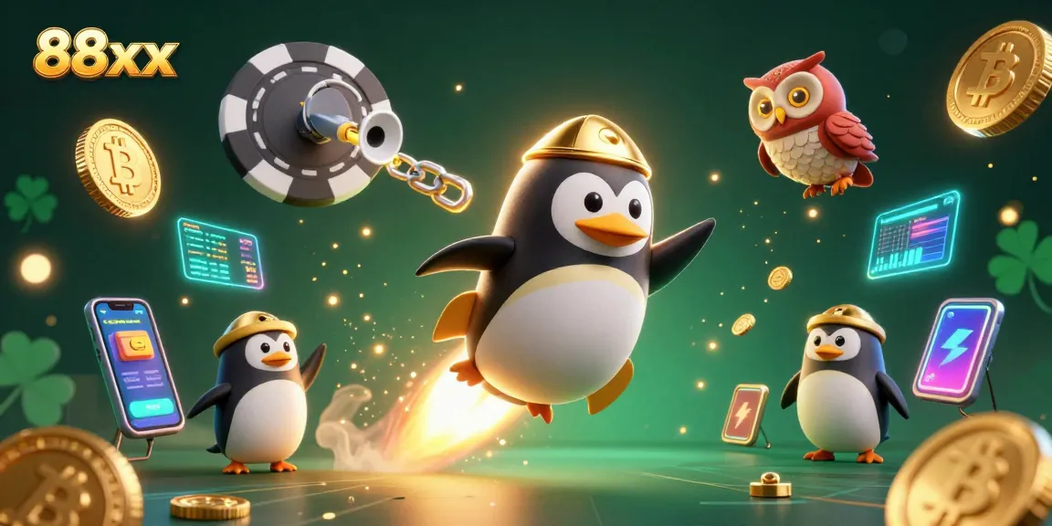 Experience the excitement of 88xx with a golden penguin racing to a casino amid Bitcoin coins and dazzling visuals.