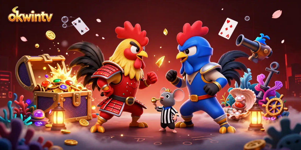 Experience live sports betting with okwintv, showcased as twin roosters in intense combat amidst sparkling treasures.
