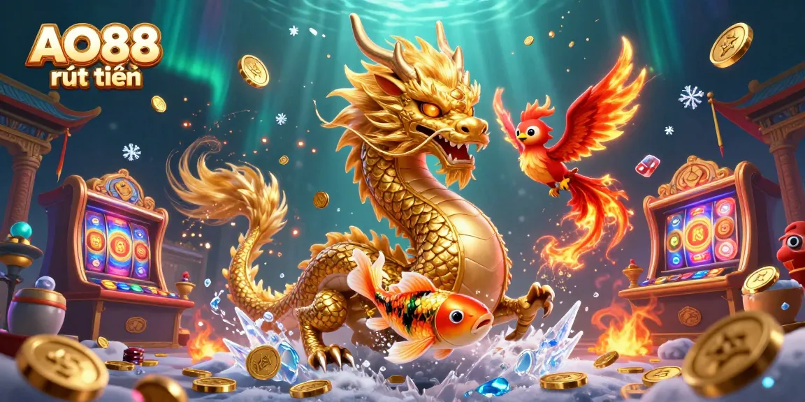 Experience the thrilling world of AO88 rút tiền with golden dragon, phoenix, and koi fish in a vibrant casino scene.