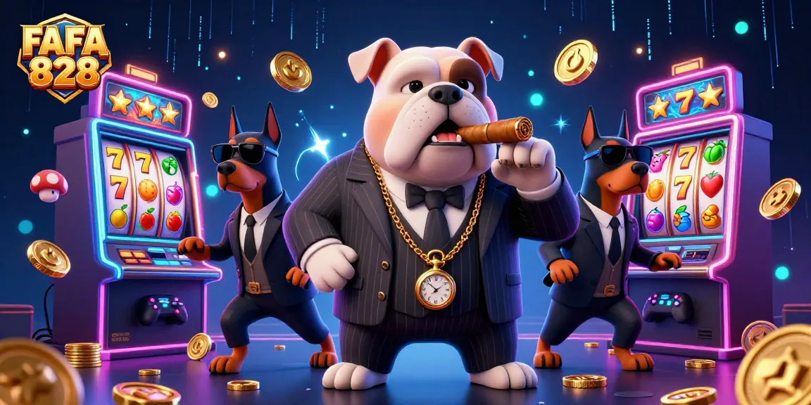 FAFA 828 showcases a 3D cartoon mafia boss bulldog with slot machines and jackpot elements, creating excitement.
