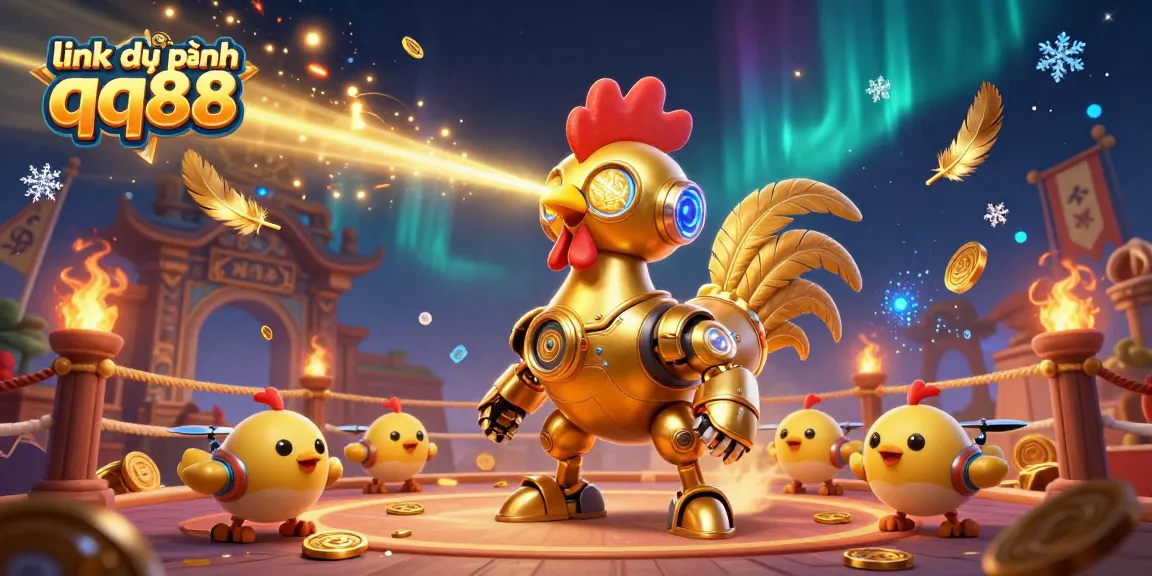 Engage with link dự phòng qq88 in a vibrant casino scene featuring a golden rooster robot and baby chick drones.
